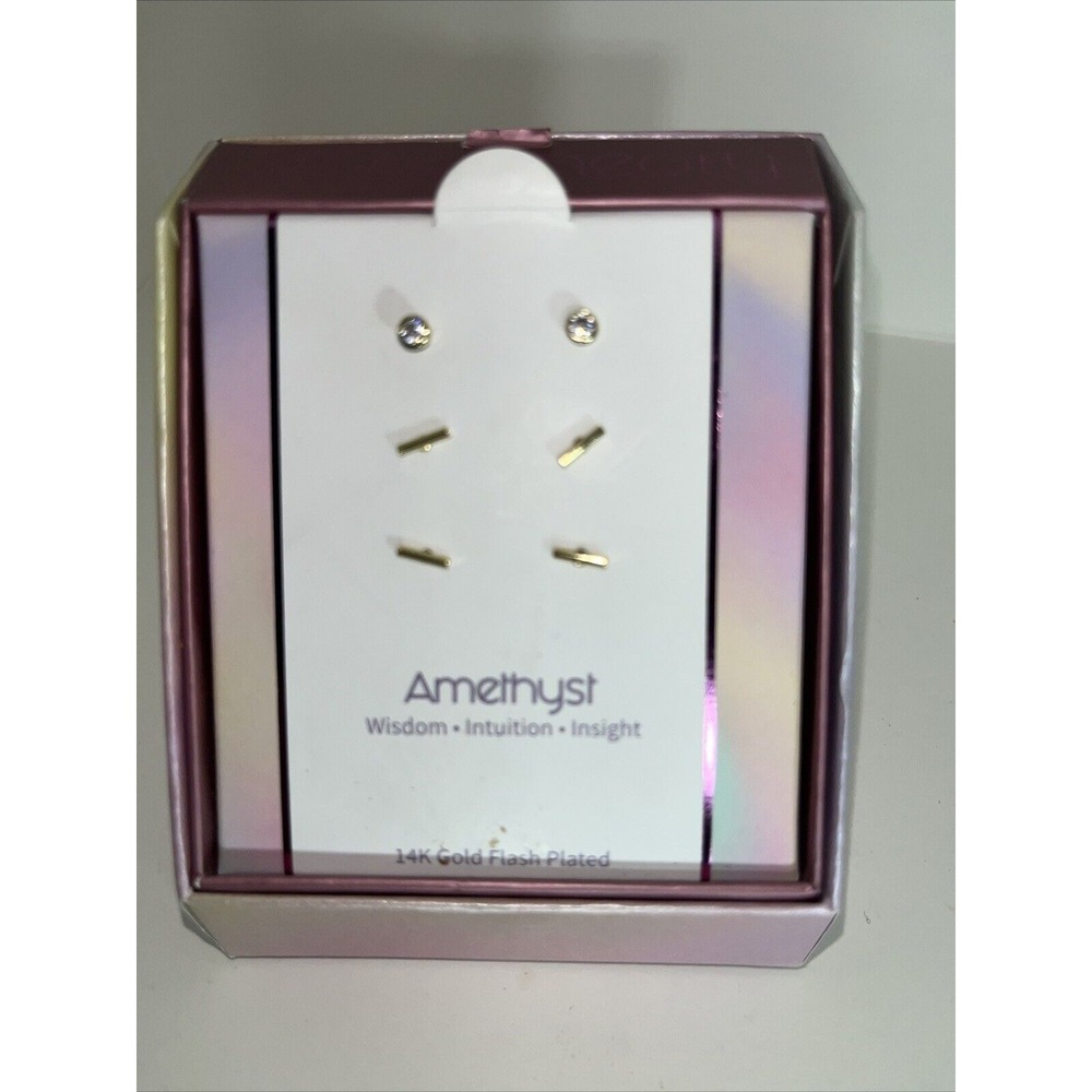 Aretes Pequeños Para Mujer  ‎ Set 3 Pz Nuevos Amethyst   14K Gold Flash Plated